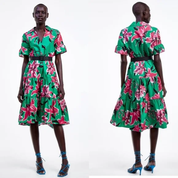 zara printed midi dress with belt PRINTED BELTED MIDI DRESS - Multicolored